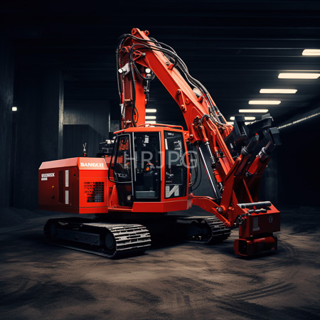 High Resolution: Orange hydraulic excavator with black tracks positioned in dim industrial lighting within a dark concrete warehouse or garage setting with a visible operator download. | HRJPG.com