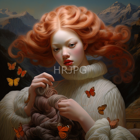 High Resolution: Ethereal fair-skinned woman with voluminous red curls and pink lips wearing a white turtleneck sweater gently touches her hair as orange butterflies flutter around her download. | HRJPG.com