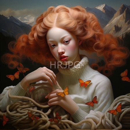 High Resolution: Ethereal pale-skinned woman with voluminous red curls and pink lips wearing a white turtleneck sweater delicately holds orange butterflies amidst tangled ropes download. | HRJPG.com