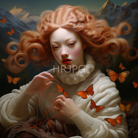 High Resolution: Ethereal fair-skinned woman with voluminous red curls and pink lips holds orange butterfly threads wearing a white textured turtleneck sweater surrounded by fluttering butterflies download. | HRJPG.com