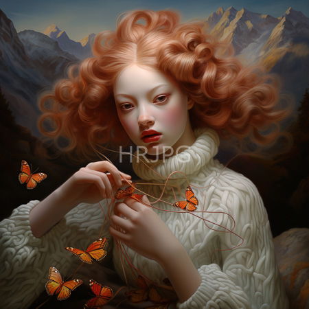 High Resolution: Ethereal young woman with curly red hair and pale skin wears a white knitted turtleneck sweater delicately handling orange butterflies that surround her download. | HRJPG.com