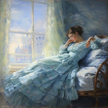 High Resolution: Photorealistic elegant young woman with fair skin and brown hair wears a light blue floral-patterned Victorian dress sitting on a wicker chair by a sunlit window download. | HRJPG.com