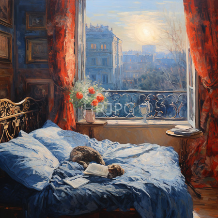 High Resolution: Early morning scene in a sunlit bedroom with blue bed linens red curtains framing a large window a cat sleeps on the unmade bed beside an open book download. | HRJPG.com