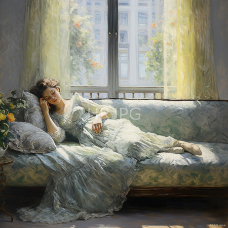 High Resolution: Photorealistic asleep woman with wavy brown hair wears a light blue lace dress and white stockings on a patterned green sofa in front of sunlit windows download. | HRJPG.com