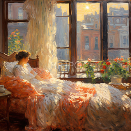 High Resolution: Impressionist-style painting depicts a woman in white pajamas lying on her side under orange-patterned bedding reading by sunlight streaming through large windows download. | HRJPG.com