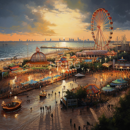 High Resolution: Photorealistic evening seaside carnival with vibrant colorful lights and bustling crowds under dramatic sunset skies featuring a large Ferris wheel download. | HRJPG.com