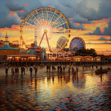 High Resolution: Evening carnival scene with two illuminated Ferris wheels one large orange-yellow and one smaller blue-purple with colorful buildings reflecting warm hues download. | HRJPG.com