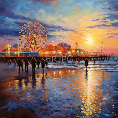High Resolution: Evening beach scene with vibrant colors features silhouetted people walking on wet sand reflecting sunset hues and lights from amusement park rides download. | HRJPG.com