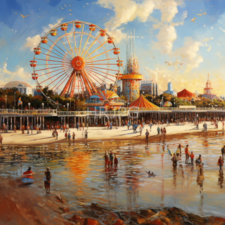 High Resolution: Vibrant painting depicts a bustling seaside fairground at sunset with people enjoying rides on a large orange Ferris wheel against a blue sky download. | HRJPG.com