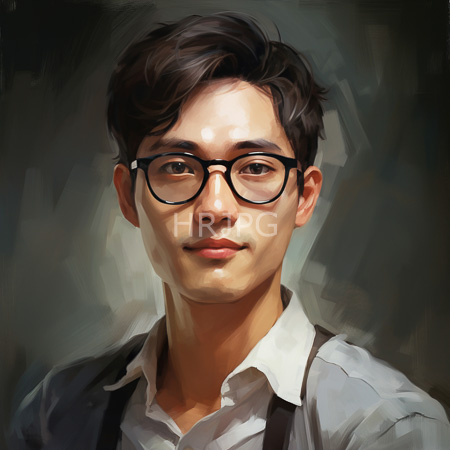 High Resolution: Asian young man with short dark brown hair and glasses wears suspenders over a white shirt against a blurred gray background with a subtle smile download. | HRJPG.com
