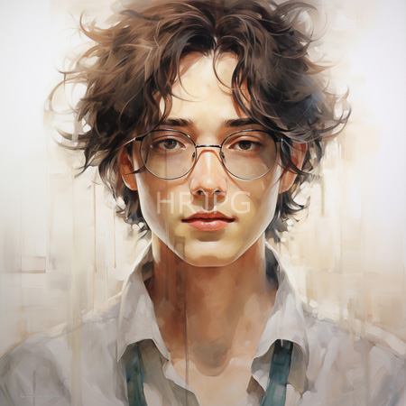 High Resolution: Androgynous young person with curly brown hair wears round glasses and a white shirt with green suspenders against a soft light background download. | HRJPG.com