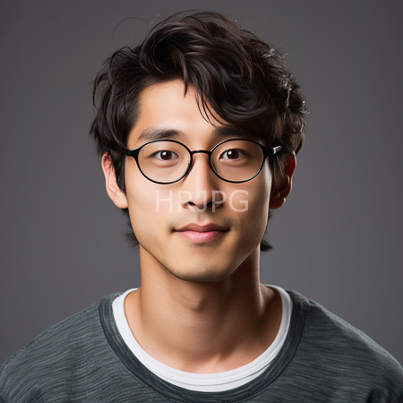 High Resolution: Asian young man with medium skin tone short dark brown wavy hair and black round glasses wears a gray ribbed sweater over a white shirt download. | HRJPG.com