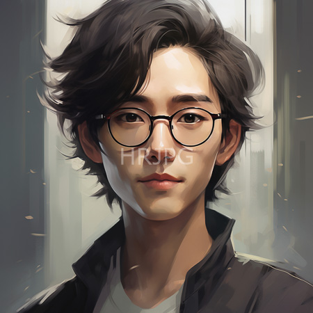 High Resolution: Asian young man with medium-length wavy black hair and round glasses wears a dark jacket over a white shirt in a soft light background download. | HRJPG.com