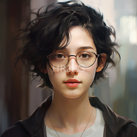 High Resolution: Androgynous young person with fair skin curly black hair wears round glasses and a dark jacket over a white shirt with a neutral expression download. | HRJPG.com