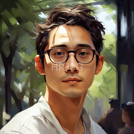 High Resolution: Asian man with light skin short wavy brown hair and black-rimmed glasses wears a white shirt with sunlight filtering through green trees behind him download. | HRJPG.com