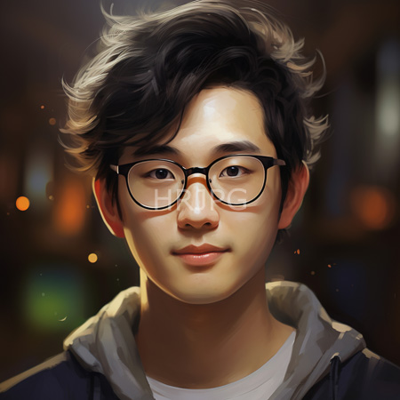 High Resolution: Asian teenage boy with medium-length wavy black hair and fair skin wears round glasses and a gray hoodie over a white shirt against a blurred warm background download. | HRJPG.com