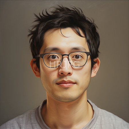 High Resolution: Photorealistic portrait of an Asian man with medium skin tone black tousled hair wears rectangular glasses and a light gray V-neck shirt download. | HRJPG.com