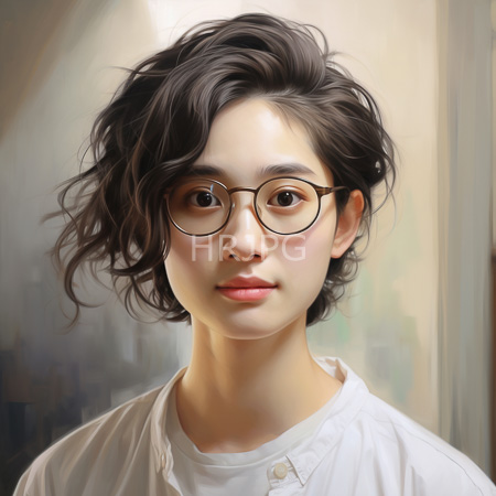 High Resolution: Asian young woman with short wavy black hair and round glasses wears a white button-up shirt against a softly blurred background in warm tones download. | HRJPG.com