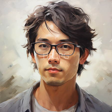High Resolution: Asian young man with medium brown wavy hair and glasses wears a gray shirt over white clothing against an abstract beige background download. | HRJPG.com