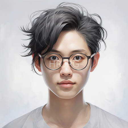 High Resolution: Asian young man with short messy black hair and round glasses wears a white shirt against a light gray background with a neutral expression download. | HRJPG.com