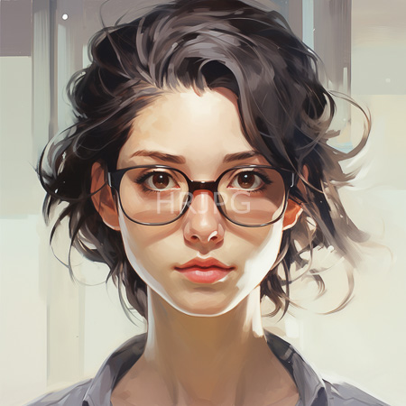 High Resolution: Asian woman with fair skin short wavy black hair wears large round glasses and light pink lipstick against an abstract background with vertical lines download. | HRJPG.com
