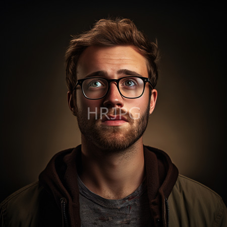 High Resolution: Young Caucasian man with light brown hair beard and glasses wears an olive green jacket over a gray shirt with a surprised or curious expression download. | HRJPG.com