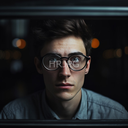 High Resolution: Young Caucasian man with fair skin brown hair styled upwards wears black round glasses looking intently forward through a darkened window frame download. | HRJPG.com