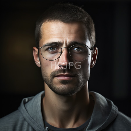 High Resolution: Young Caucasian man with short brown hair light stubble beard and round wire-rimmed glasses wears a gray hoodie over a black shirt with a serious expression download. | HRJPG.com