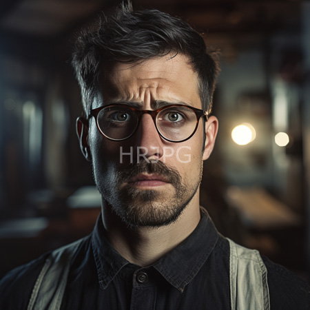 High Resolution: Earnest bearded white man with short dark hair and glasses in a black button-up shirt wearing suspenders with furrowed brows against a blurred industrial background download. | HRJPG.com