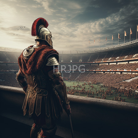 High Resolution: Photorealistic ancient Roman soldier in detailed armor including a red plumed helmet and fur cape stands on stadium steps overlooking a crowded coliseum download. | HRJPG.com