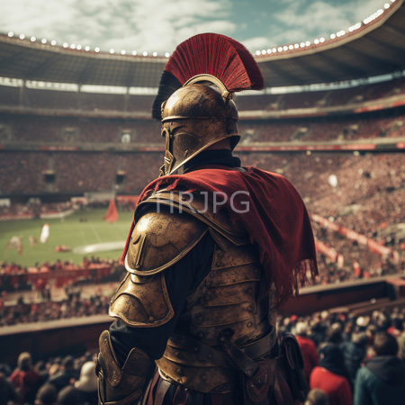 High Resolution: Ancient Roman gladiator in detailed weathered bronze armor with a red plume and matching cape stands on arena steps facing away from the camera download. | HRJPG.com