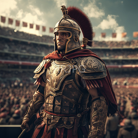 High Resolution: Photorealistic ancient Roman gladiator stands in a crowded coliseum wearing ornate bronze armor with a red plume on his helmet and a draped crimson cape download. | HRJPG.com