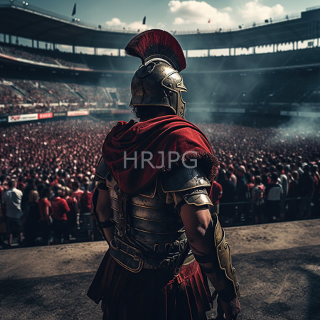 High Resolution: Ancient Roman gladiator standing with his back to the camera in a crowded smoke-filled arena wearing metallic armor and a red cape download. | HRJPG.com