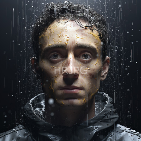 High Resolution: Photorealistic portrait of a wet serious-looking man with short dark hair and pale skin standing in heavy rain wearing an unzipped black hooded jacket download. | HRJPG.com