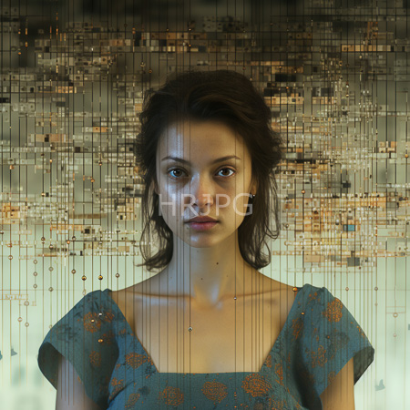 High Resolution: Attractive young woman with fair skin and dark brown hair wears a blue dress adorned with orange floral patterns with intense green eyes looking through vertical lines download. | HRJPG.com