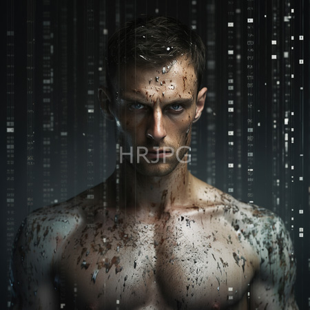High Resolution: Muscular shirtless man with wet skin and dark hair under a rain-like digital patterned background with intense blue eyes and water droplets scattered across his chest download. | HRJPG.com