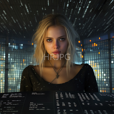 High Resolution: Photorealistic attractive young blonde woman wears a black top adorned with small white star patterns gazing directly at the viewer from behind illuminated menus download. | HRJPG.com