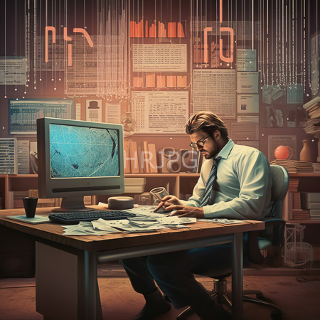 High Resolution: Intense bearded man with glasses and dark hair wears a white shirt sitting at a cluttered wooden desk focused on his cracked computer screen and holding papers download. | HRJPG.com