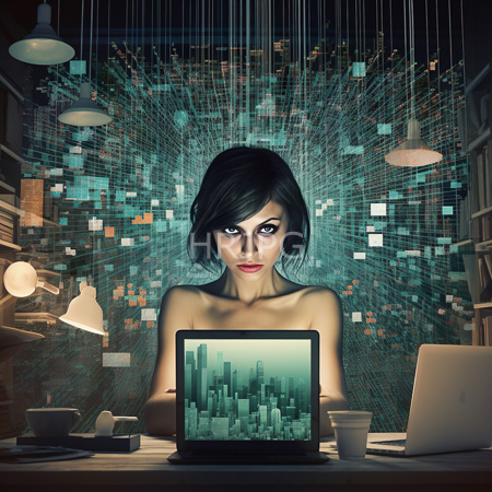 High Resolution: Androgynous person with pale skin black bob haircut and intense blue eyes centered behind two laptops with a teal pixelated explosion pattern in the background download. | HRJPG.com