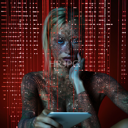 High Resolution: Androgynous blonde woman with blue eyeshadow wears a glittery black mesh top with her face partially obscured by vertical red LED light strings holding a white tablet download. | HRJPG.com