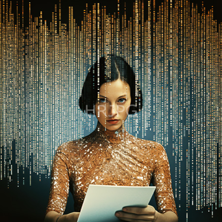 High Resolution: Asian woman with short black hair wears a shimmering gold sequin dress and holds a tablet against a dark background with vertical golden light streaks download. | HRJPG.com