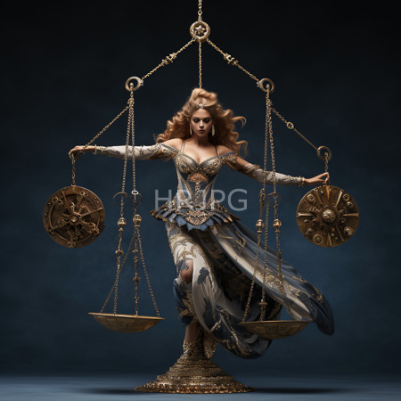 High Resolution: Photorealistic elegant fair-skinned woman with wavy blonde hair balancing ancient scales on golden chains wears ornate gold and silver armor-like dress download. | HRJPG.com