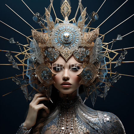 High Resolution: Photorealistic ethereal woman with pale skin and striking blue eyes wears intricate metallic armor and elaborate golden headgear with crystal-like ornaments download. | HRJPG.com