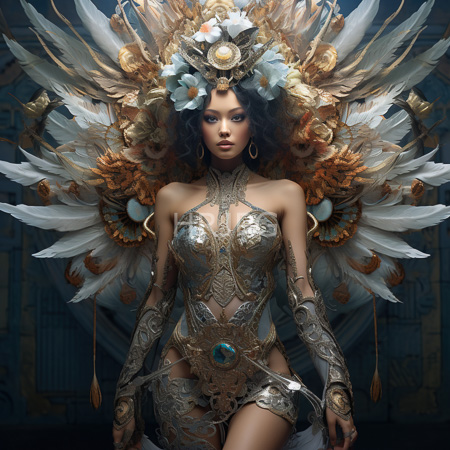High Resolution: Ethereal dark-skinned woman with curly black hair and striking blue eyes wears ornate silver armor adorned with intricate patterns and large white-and-gold feathered wings download. | HRJPG.com