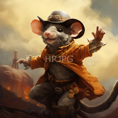 High Resolution: Anthropomorphic mouse in steampunk attire wears goggles on its hat and an orange coat with brass buttons against a cloudy sky with industrial smokestacks download. | HRJPG.com