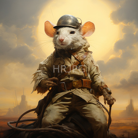 High Resolution: Anthropomorphic white mouse in World War I soldier attire sits on horseback against a dramatic sunset sky over a war-torn landscape download. | HRJPG.com