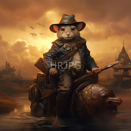 High Resolution: Anthropomorphic mouse in Victorian-style attire including a leather jacket and hat with goggles stands barefoot atop a crocodile-like creature holding a spear download. | HRJPG.com