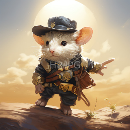 High Resolution: Anthropomorphic white mouse dressed as a sheriff stands on rocky terrain under a bright sun wearing a dark blue hat and coat adorned with gold badges download. | HRJPG.com