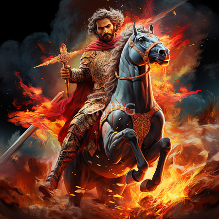High Resolution: Bearded muscular man with curly gray hair and dark skin rides an ornate blue horse amidst fiery flames wearing elaborate golden armor and holding a flaming sword download. | HRJPG.com