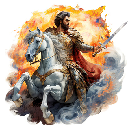 High Resolution: Imposing bearded man with dark hair and muscular build rides a white horse amidst swirling smoke clouds against a vibrant orange-yellow flames background holding a raised sword download. | HRJPG.com